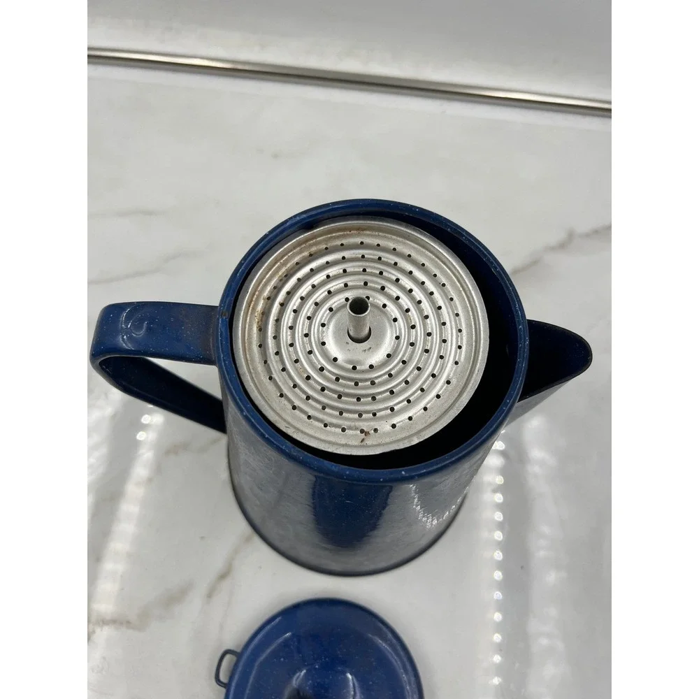 Vintage Blue Speckled Enamelware Coffee Percolator Pot Rustic Camping Farmhouse